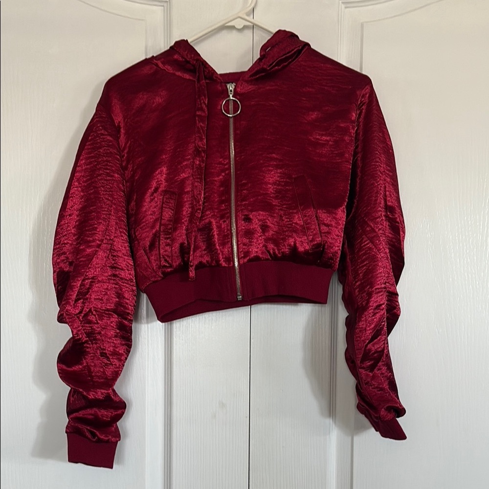 Forever 21 red shiny hooded bomber jacket with gatheted sleeves